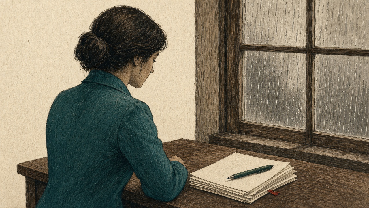 An ink drawing of Nell Quayle at a desk, beside blank slips, a green pen, and a rainy window.