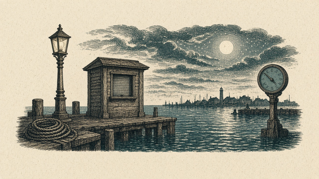 An ink drawing of a lamp, a closed ticket hut, a coil of rope, and a tide clock on a quiet quay.